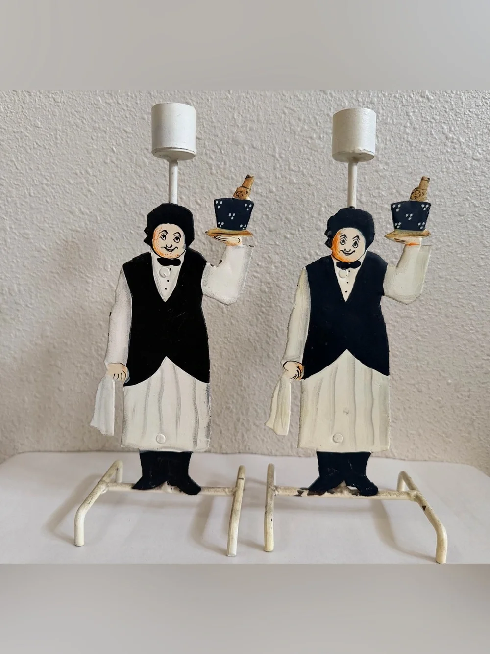 Vintage Pair Hand Painted Metal Waiter Figural Candle Holders French Butler MCM